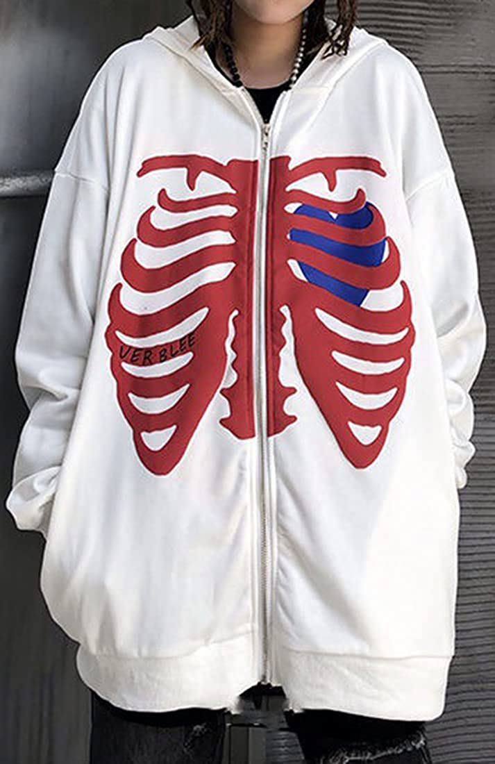 Chaos World Women's Zip Up Skeleton Print Hoodie Y2K E-Girl Long Sleeve Hooded Jacket Sweatshirt