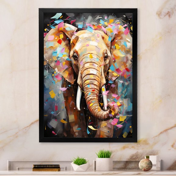 Designart "Pop Art Elephant Dreams" Animals Framed Wall Art - Traditional Grey Elephant Hallway Framed Wall Art Decor