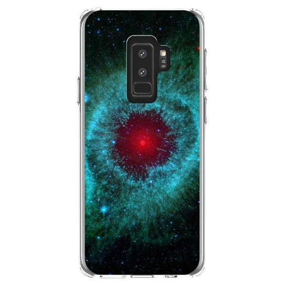 DistinctInk Clear Shockproof Hybrid Case for Samsung Galaxy S9+ PLUS (6.2" Screen) - TPU Bumper, Acrylic Back, Tempered Glass Screen Protector - Blue Teal Black Helix Nebula - Astronomy