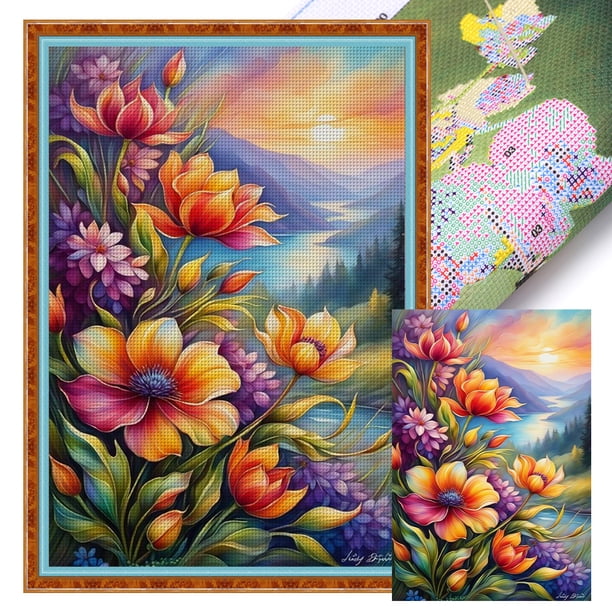 Hilo Algodón Ecológico Bordado 11CT 3 Hebras Impresión 40x60cm Kit Serie Flores Punto Cruz Flores Montaña