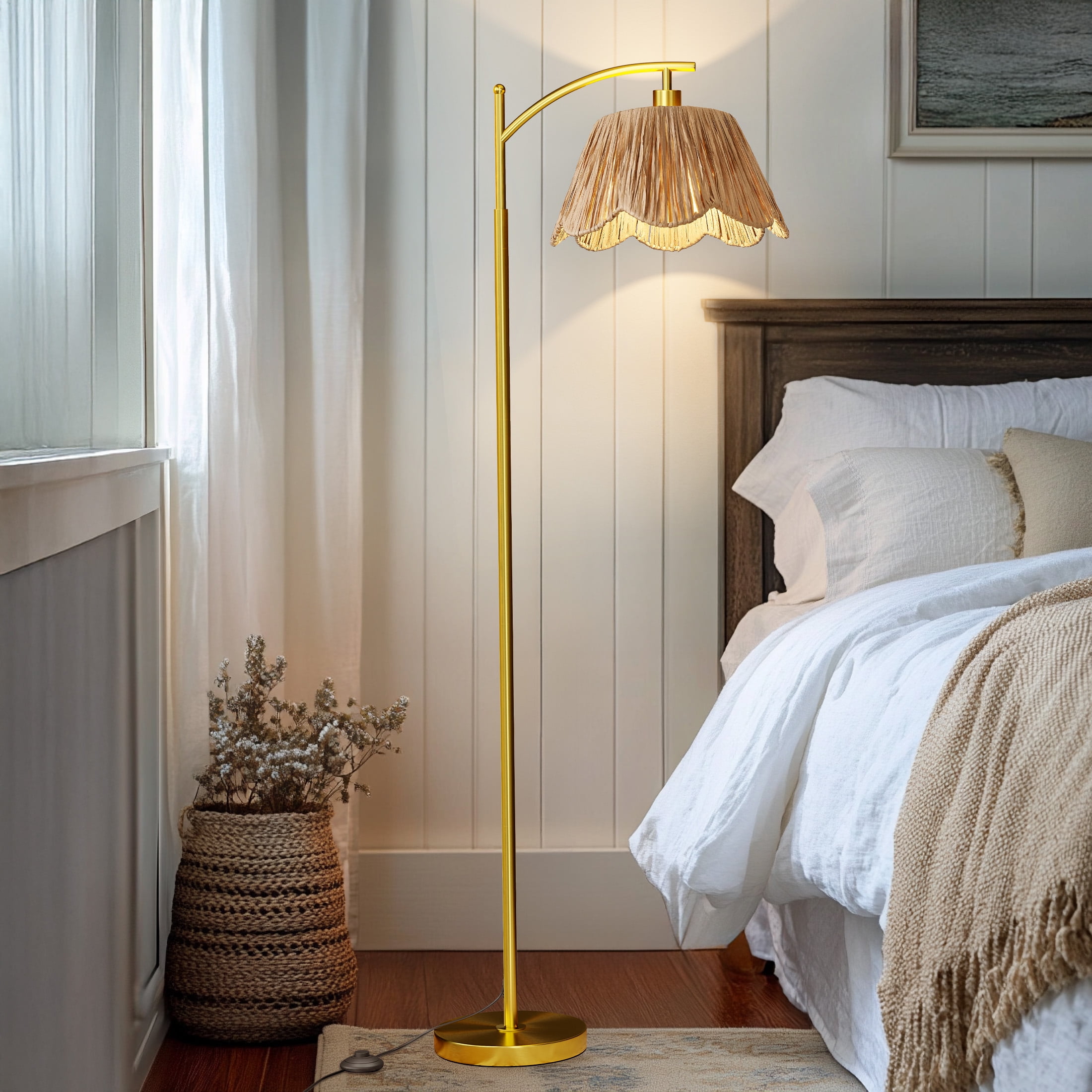 Oneach 62.5" Floor Lamp for Living Room, Boho Standing Lamp with Flower Raffia Shade for Bedroom,Home