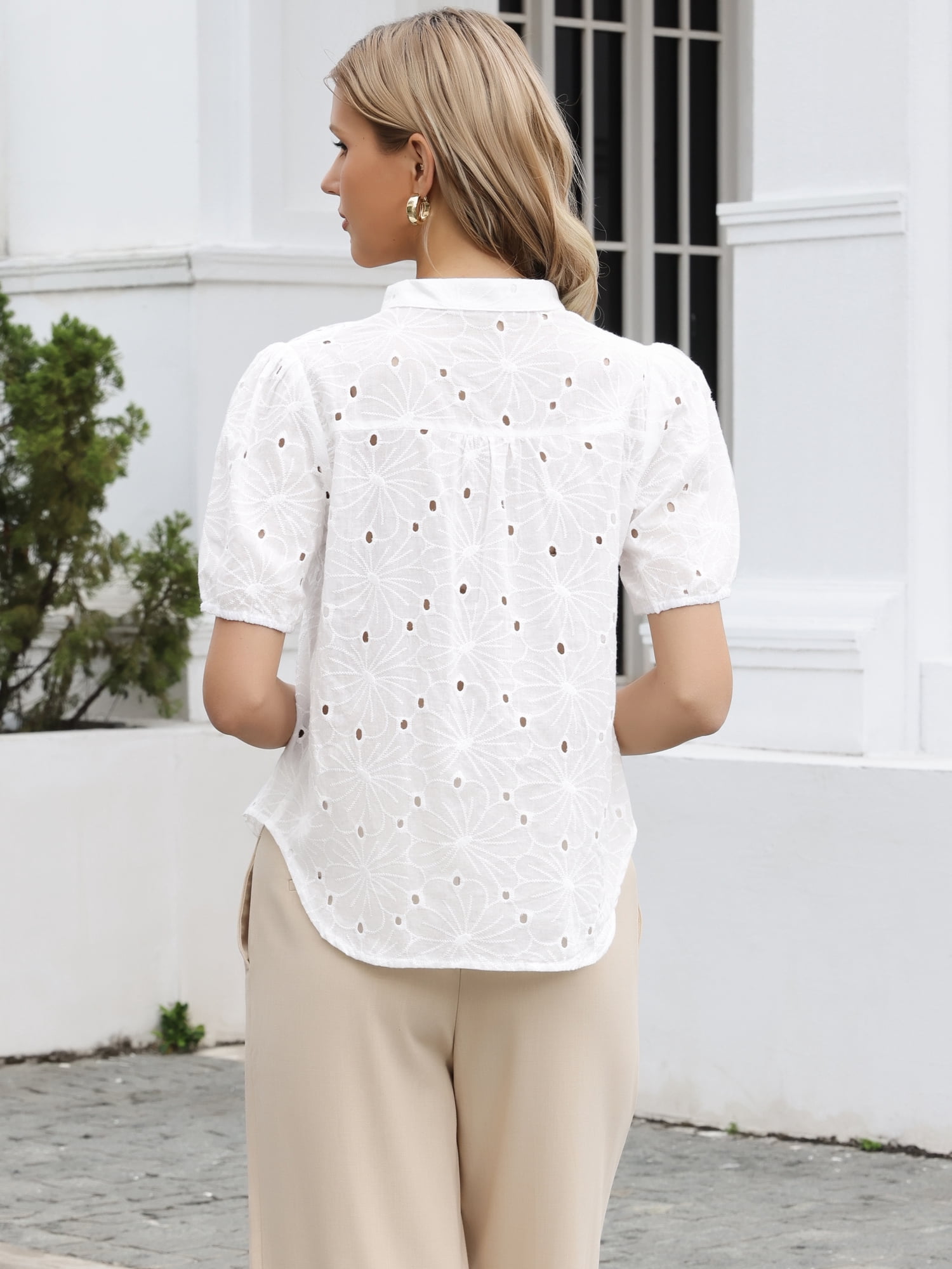 DARING DIVA Women's Eyelet Tops Short Sleeve Casual V Neck Hollow Out Shirts XS White
