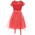 thumbnail image 3 of Little Girls Elegant Floral Lace Top Tulle Pageant Party Flower Girl Dress Coral 4 (2J1K2S2), 3 of 5
