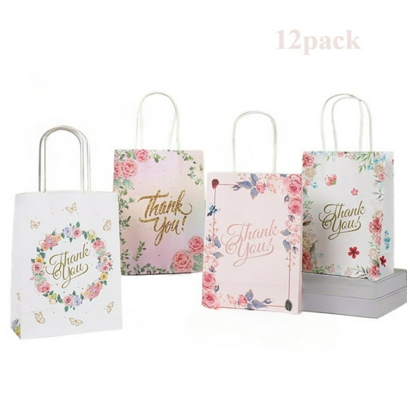 Small Thank You Gift Bags 12 Pack Floral Design Paper Bags with Handles for Wedding/Bridal Shower/Baby Shower(8.26×5.9×3.15in)