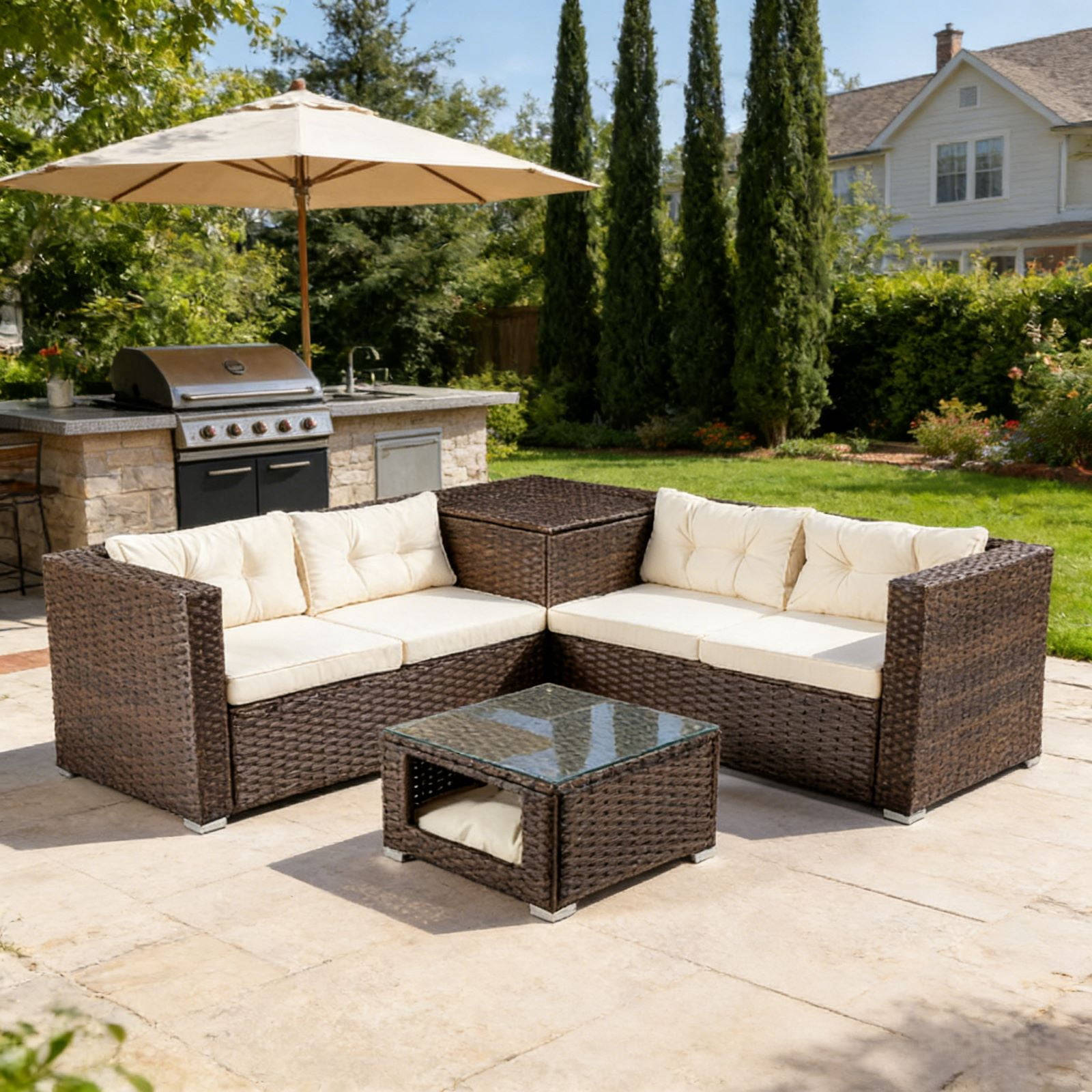 Ktaxon 4-Piece Patio Brown Rattan Sofa Set, 2 Loveseats with Storage & Pet Coffee Table, Beige Cushions, Boho Chic Living Room Furniture