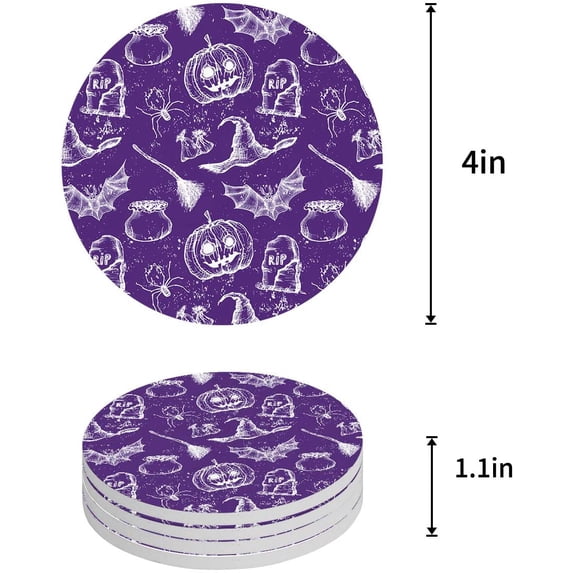 FMSHPON Hallowen Witches Hat Pumpkin Bat Hallowmas Set of 6 Round Coaster for Drinks, Absorbent Ceramic Stone Coasters Cup Mat with Cork Base for Home Kitchen Room Coffee Table Bar Decor