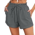 thumbnail image 1 of Pantalones casuales de verano con dobladillo con cordón, color puro, talla L, pantalones cortos con volantes y cintura elástica en gris, 1 of 5
