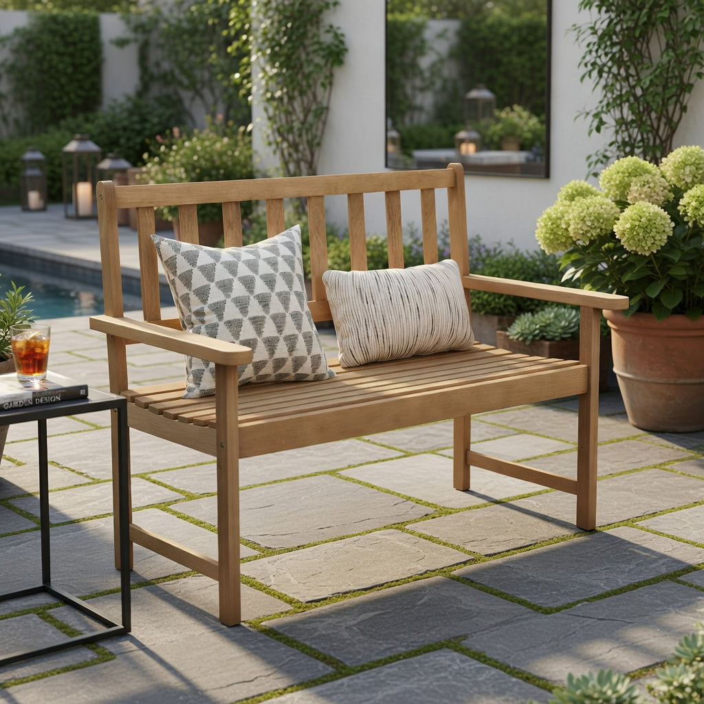 Hommoo Indonesia Teak Wood Outdoor Garden Bench for 2, Rustic Patio & Backyard Seating with Backrest, Armrests & Slatted Design, Natural