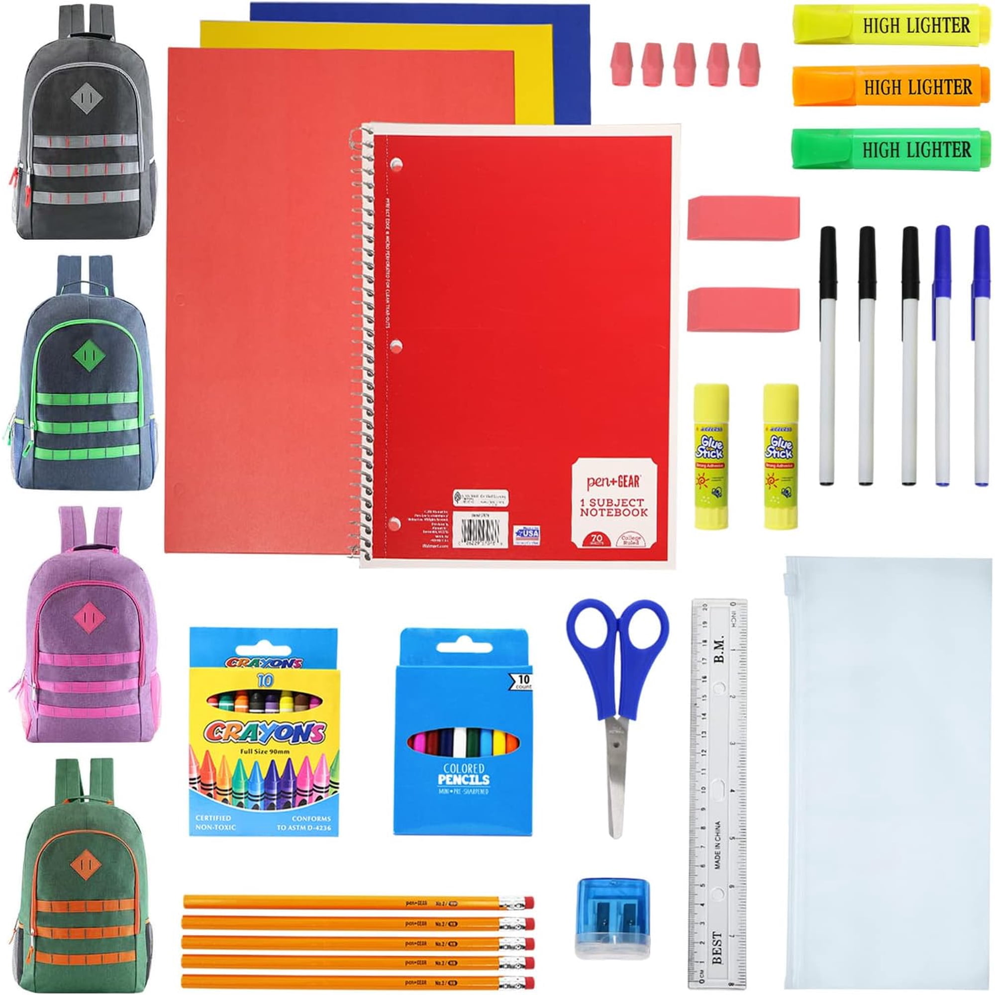 Moda West 12-Pack 19” Sport Backpacks with 50 Piece School Supplies Kits - Pens Pencils Crayons – Bulk Bundle for Elementary Middle and High School Students 4 Assorted Styles