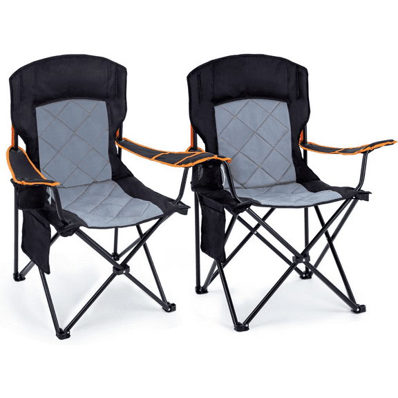 2 Pack Oversized Padded Camping Chair, 350LB Heavy Duty Quad Fold Chair with Arms, Collapsible Outdoor Chairs with Lumbar Back & Cup Holder