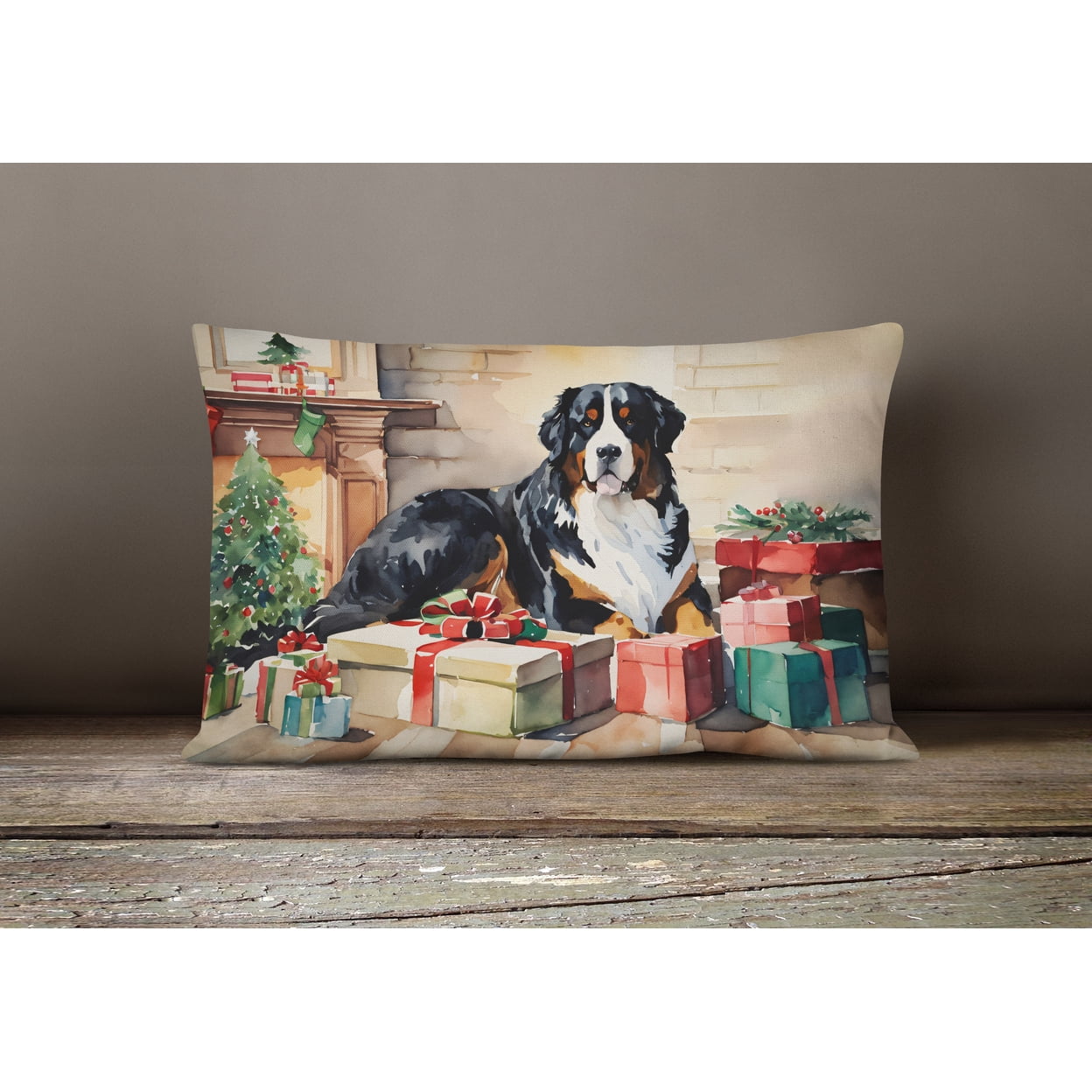 Bernese Mountain Dog Cozy Christmas Throw Pillow 12 in x 16 in
