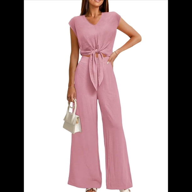 Conjuntos de Dos Piezas de Verano para Mujer 2025, Top Corto con Cinturón, Mangas y Cuello en V, Pantalones Anchos, Chándal Informal. Rosa L