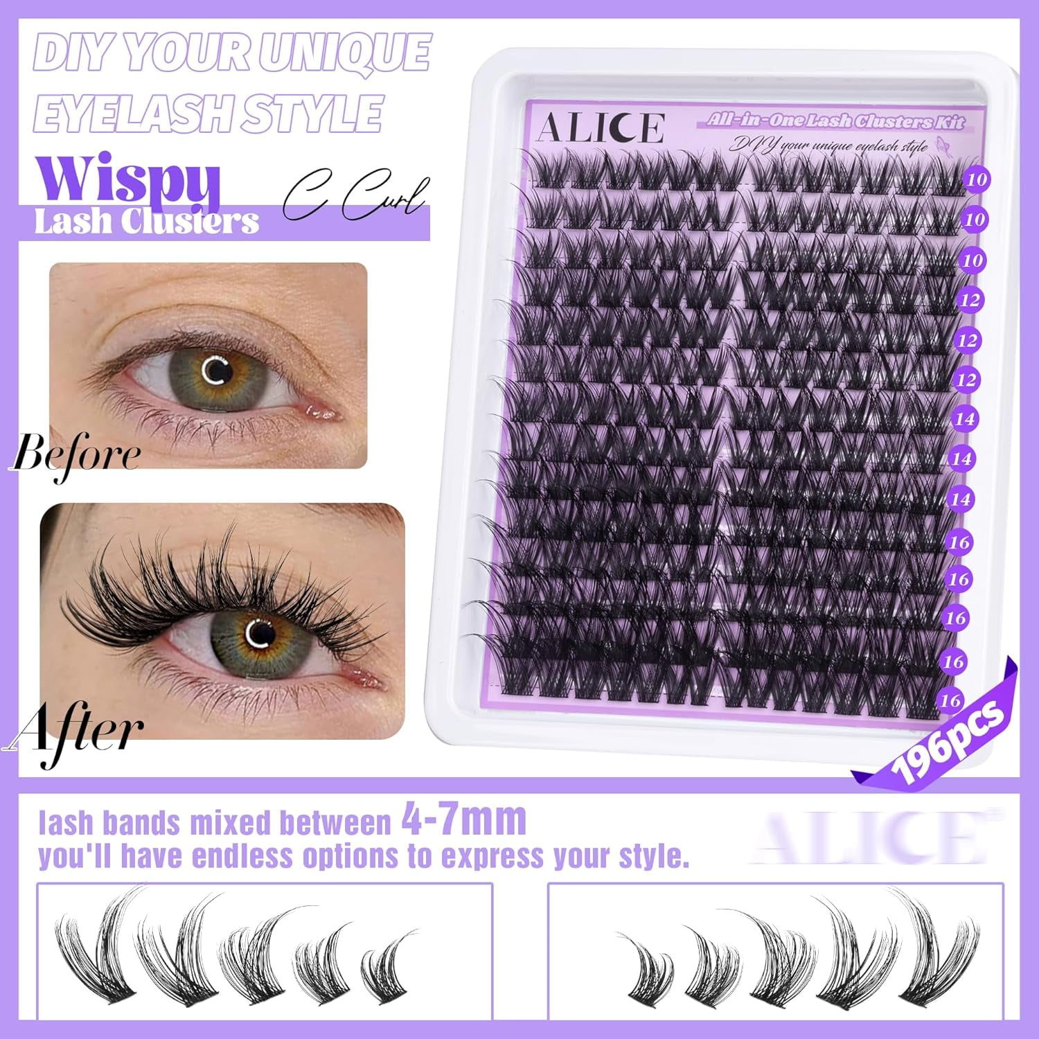 Cluster Eyelash Extension Kit Natural Wispy Lash Clusters Kit DIY Lash Extension Kit 196pcs 10-18mm Individual Lashes with Mix 4-7mm of Lash Band Lash Glue Lash Twezeers