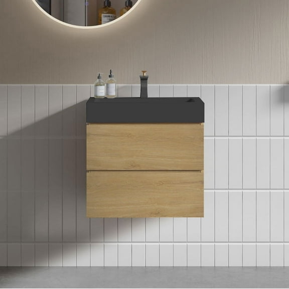 CITTANEO 24" Floating Bathroom Vanity with Black Sink, Modern Bathroom Cabinet with 2 Drawers, Natural Oak