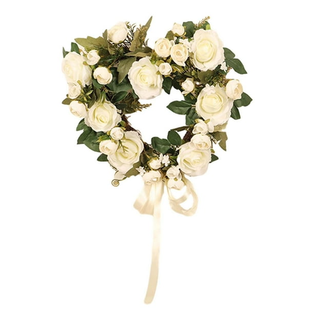 Corona del día de San Valentín, corona de corazón, puerta delantera, decorativa, cumpleaños, interior, exterior, guirnalda artificial para pared, boda Blanco