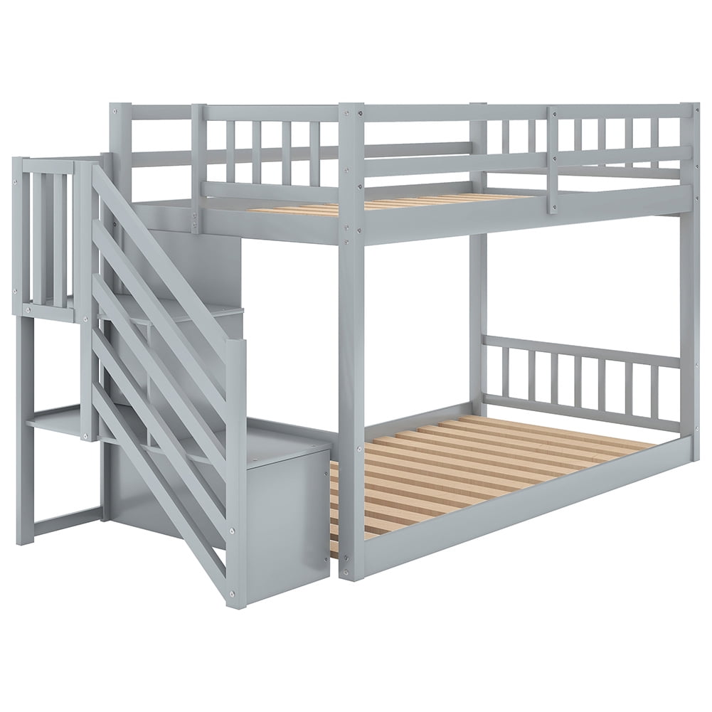 Kadyn Twin over Twin Floor Bunk Bed, Small Space Kids Bed with Storage Stairs, Gray
