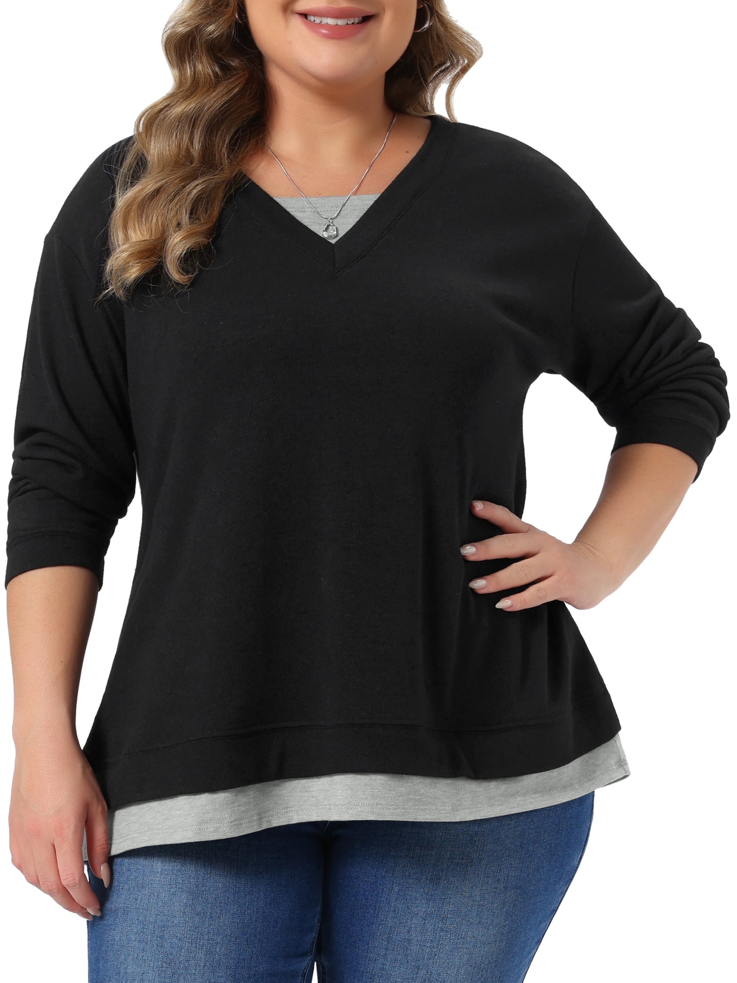 DARING DIVA Women's Plus Long Sleeve V Neck Sweaters Pullover 4X Black