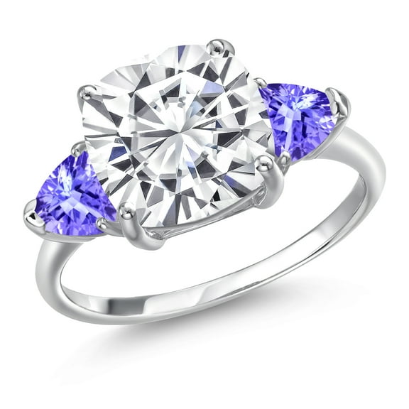 Gem Stone King 10K White Gold White Moissanite and Blue Tanzanite Engagement Ring for Women | 5.80 Cttw | Cushion 10MM | Gemstone Birthstone | Size 9