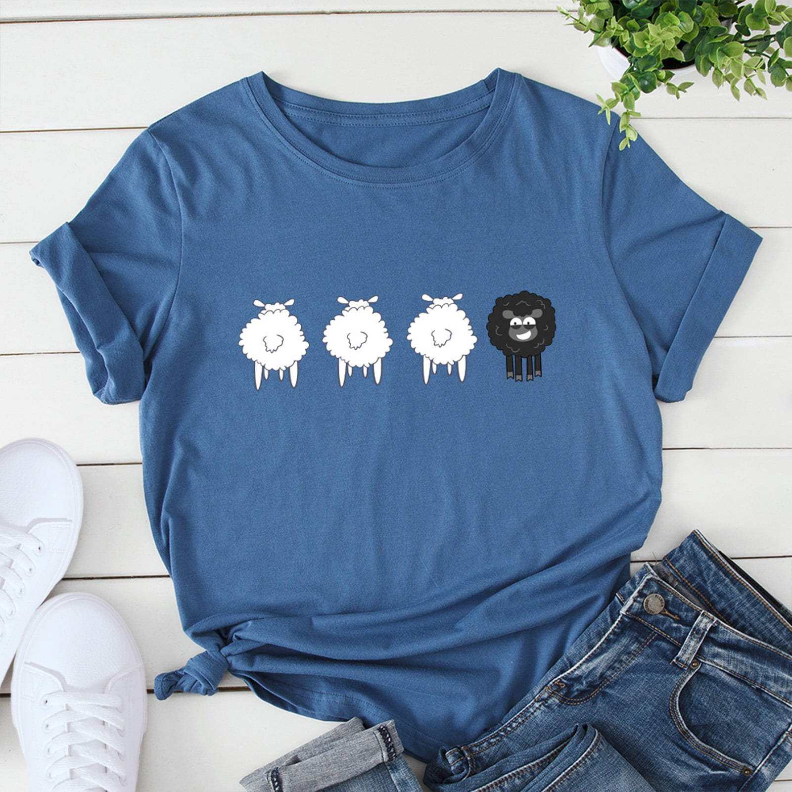 Cute Sheeps Group Hot Womens Short Sleeve Tops Loose Casual T-Shirt Blouses for Girl