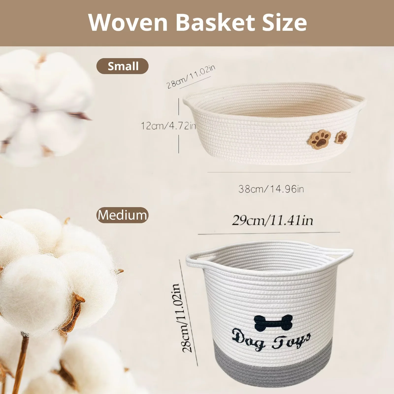 Jumpress Dog Toy Basket, Quality Cotton Rope Dog Toy Storage with Handle, Durable Toy Bin Box for Dog/Cat/Pet Toys, Accessories, Blanket & Leash (#2 Beige Gray, 12’’x12’’x11’’)