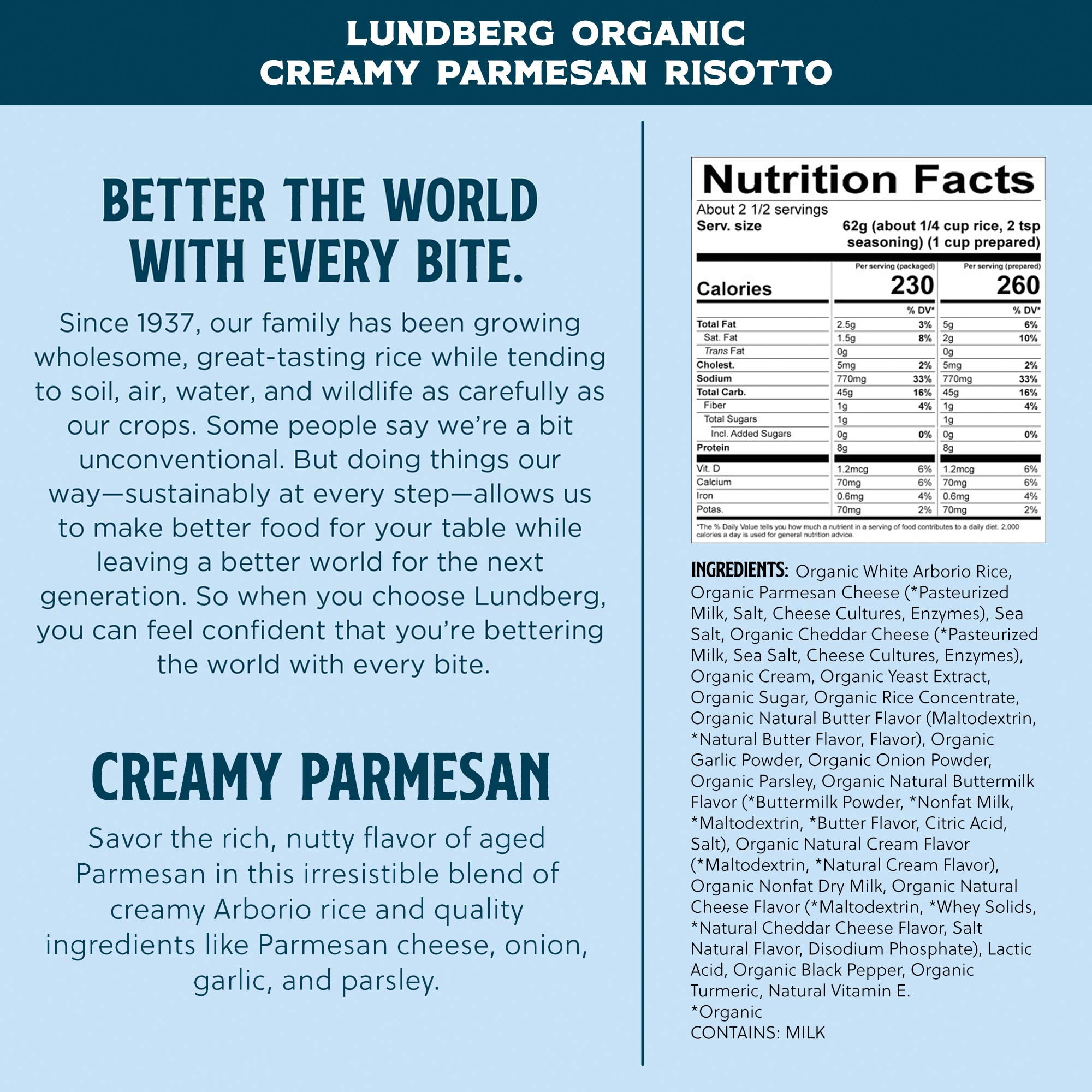 Lundberg Family Farms - Organic Arborio Rice Risotto, Creamy Parmesan, Convenient Side Dish, 20 Minute Cook Time, Pantry Staple, Non-GMO, Gluten-Free, USDA Certified Organic (5.5 oz, 6-Pack)