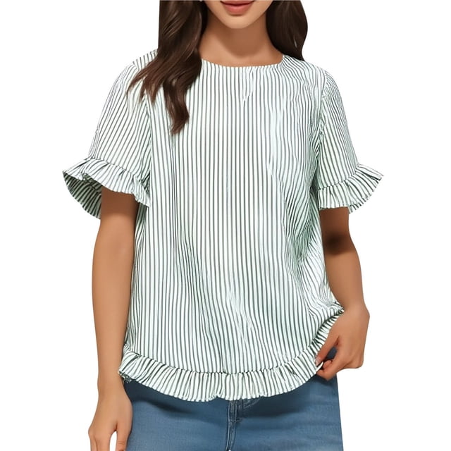 Camisa Informal Holgada A Rayas de Media con Cuello Redondo y Volantes para Mujer Rayas M