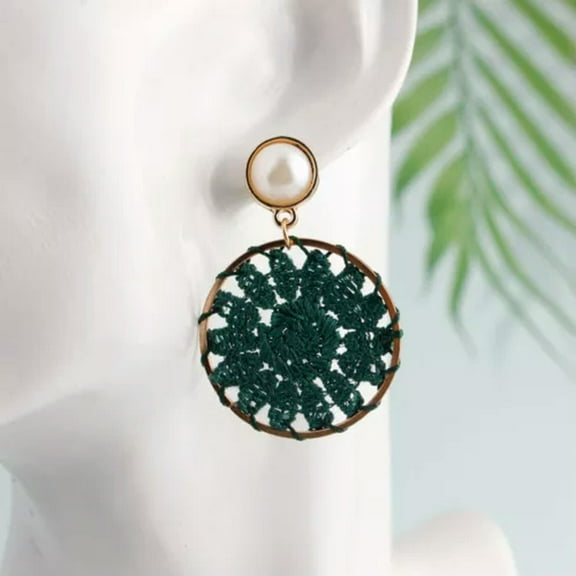 Boho Lattice Lace Petals Disc Round Drop Earrings with Pearl Fashion Jewelry