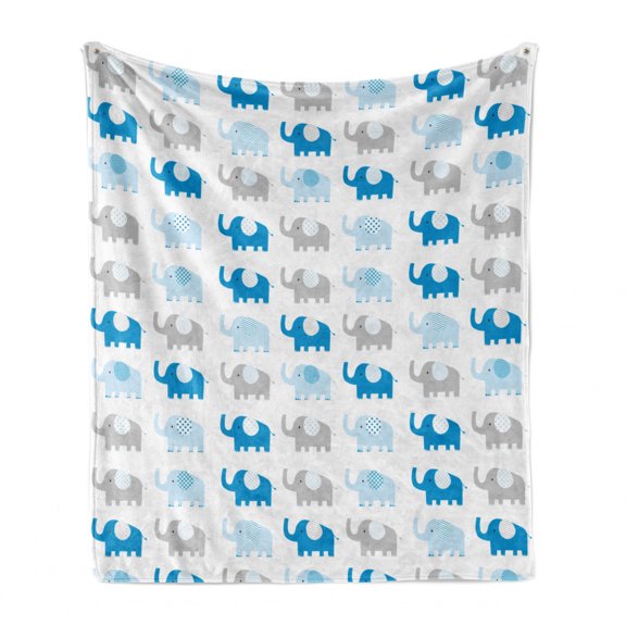 Animal Soft Flannel Fleece Blanket, Multitude Repeating Striped Designed Little Baby Elephants Motifs, Cozy Plush for Indoor and Outdoor Use, 60" x 80", White Pale Taupe and Sea Blue, by Ambesonne