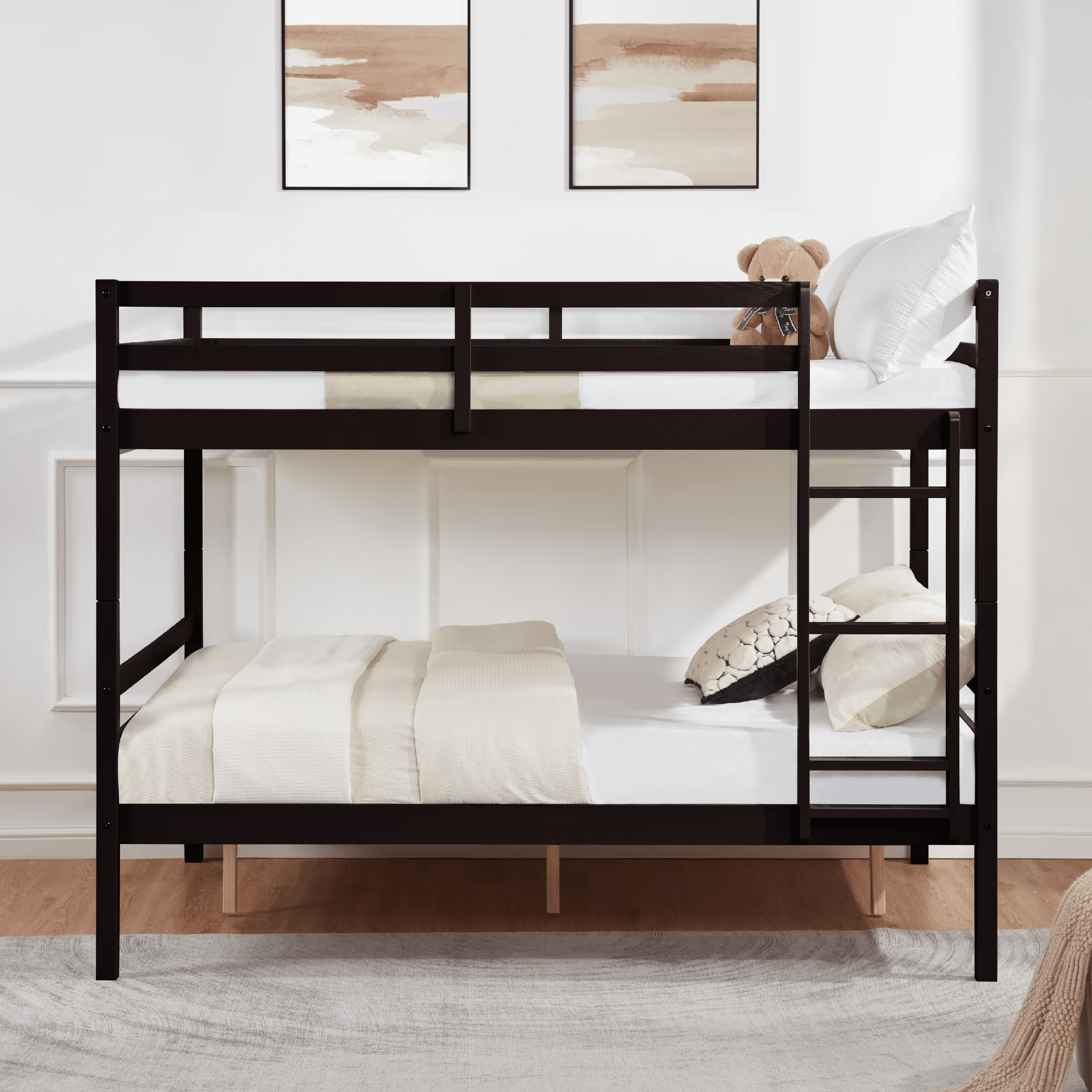 MAYEERTY Full over Full Bunk Bed with Ladder, Wooden Bed Frame with High Guardrail and Ladder for Kids, No Box Spring Needed, Espresso