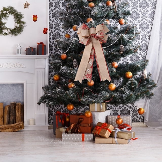 Large Christmas Bow Thanksgiving Decoration Double Layer Linen Bow Christmas Tree Ornament Snowflake and Maple Leaf Bow