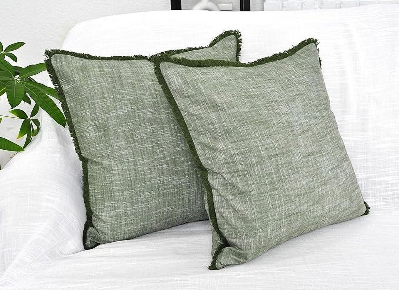 20x20 Organic Cotton Throw Pillow Covers Green With Decorative Fringe Boho Farmhouse Cushion Cover with Tassels Linen Like Textured Accent Pillowcases for Bed Couch Chair Sofa Living Room Set of 2