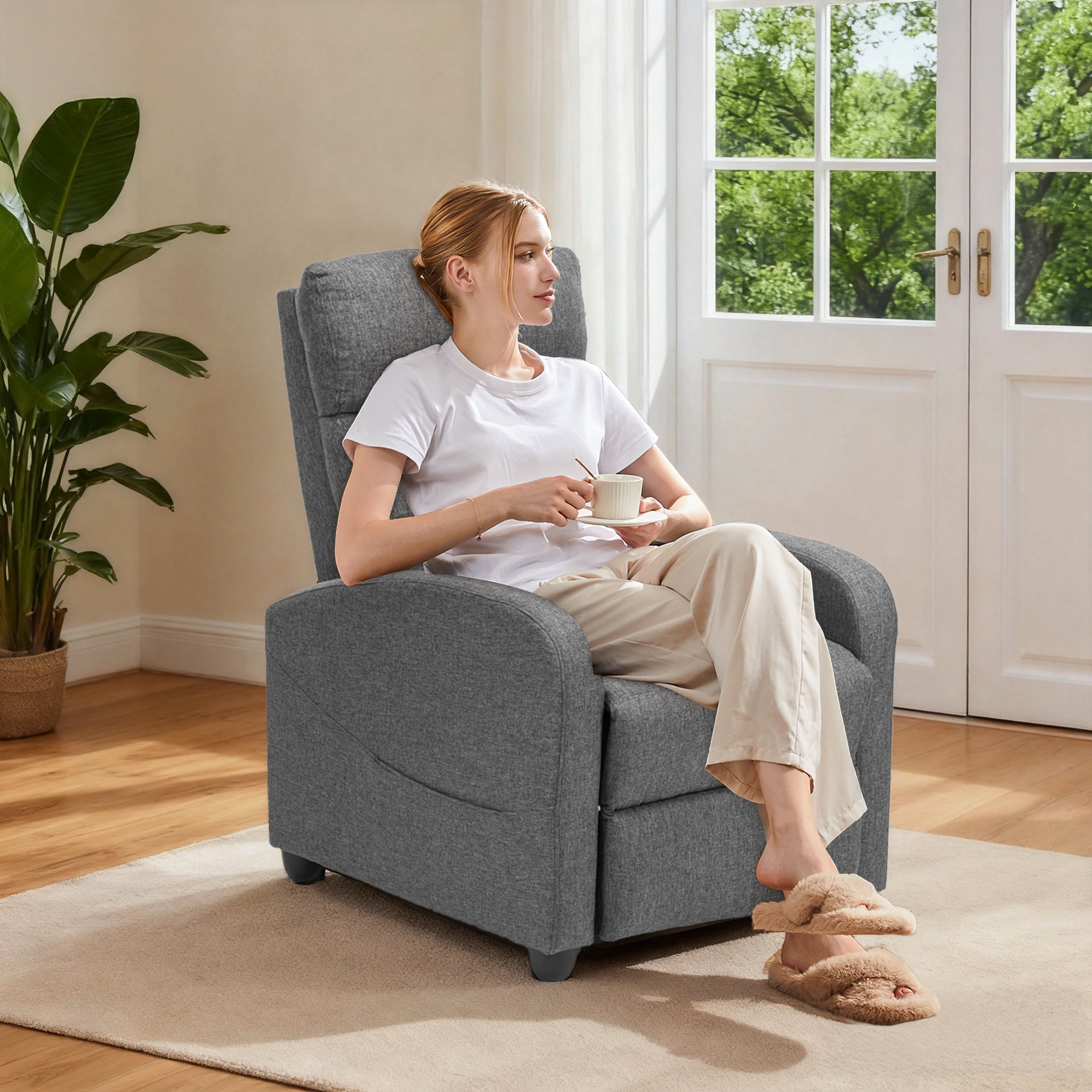 EDX Linen Recliner Chair, Small Recliner Sofa Chair with Padded Seat & Side Pocket, Modern Seating Furniture with Footrest & Backrest for Home, Theater, Living Room, Grey