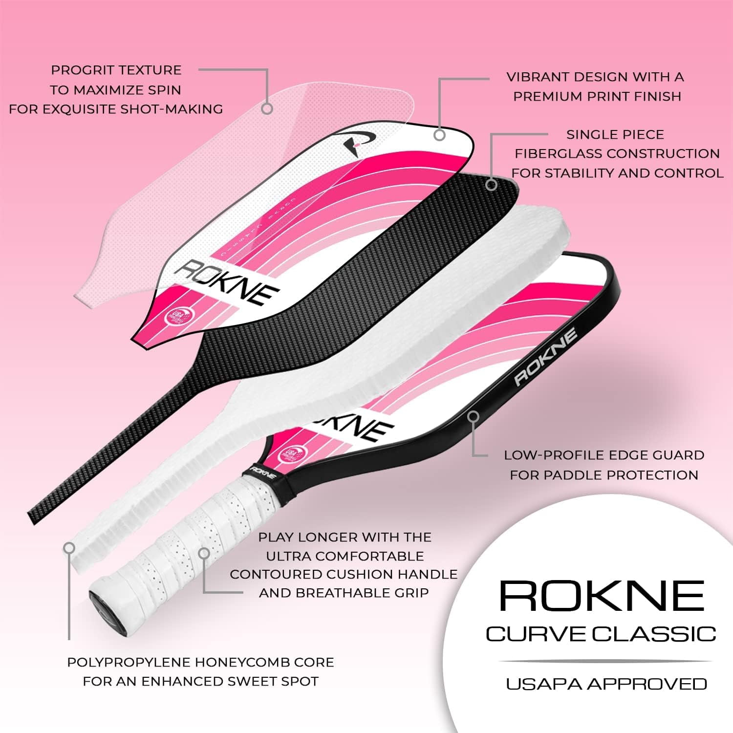Rokne Curve Classic Fiberglass Pickleball Paddle Long Handle Racket with Comfortable Grip,Bubblegum