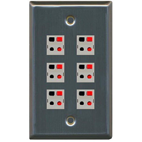 RiteAV 6 Port Speaker Jack Single Gang Wall Plate for Home Theater - Stainless Steel/Gray