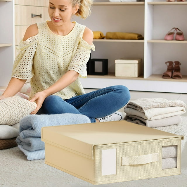 Foldable Clothes Storage Bag, Blanket Storage Container, Organizer Box, Heavy-duty Fabric, Zippered Closure, for Bed Linen, Wardrobe Shelves, and Closet Organization, 1-pack, Beige, by Ihhxbs