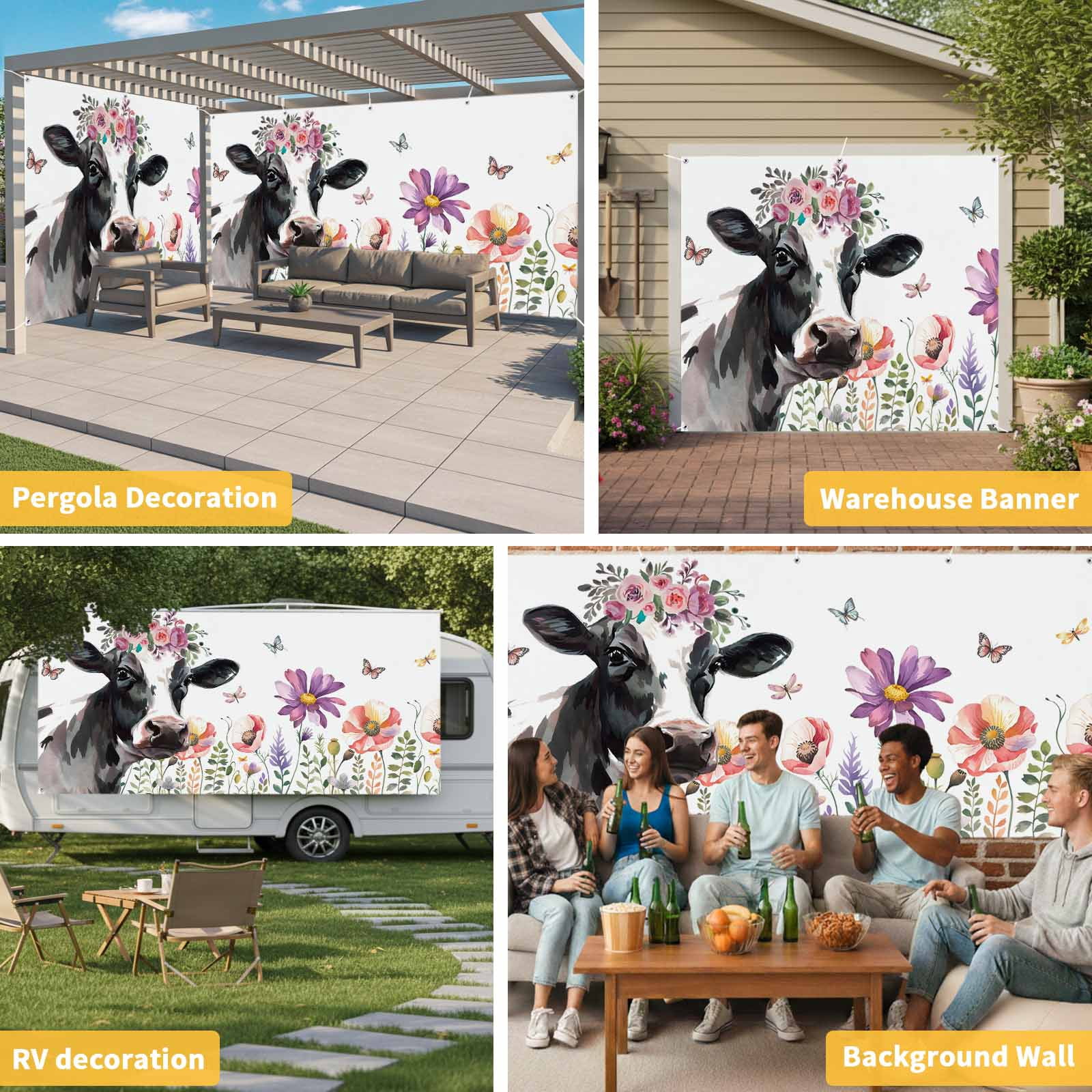 Cow Flower Garage Door Cover Banner 7 x 16 FT, Farmhouse Cattle Botanical Butterfly Floral Garage Door Curtains Backdrop with Grommets for Indoor Outdoor Wall Party Porch Yard Decorations Background