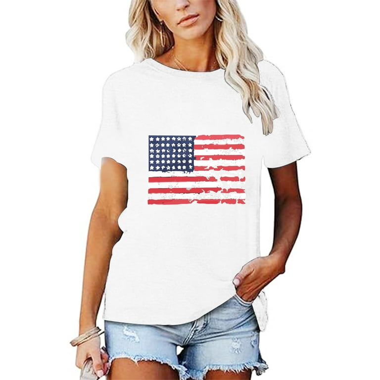 XCHQRTI USA Flag Shirt Women 4th of July Tee Graphic Short