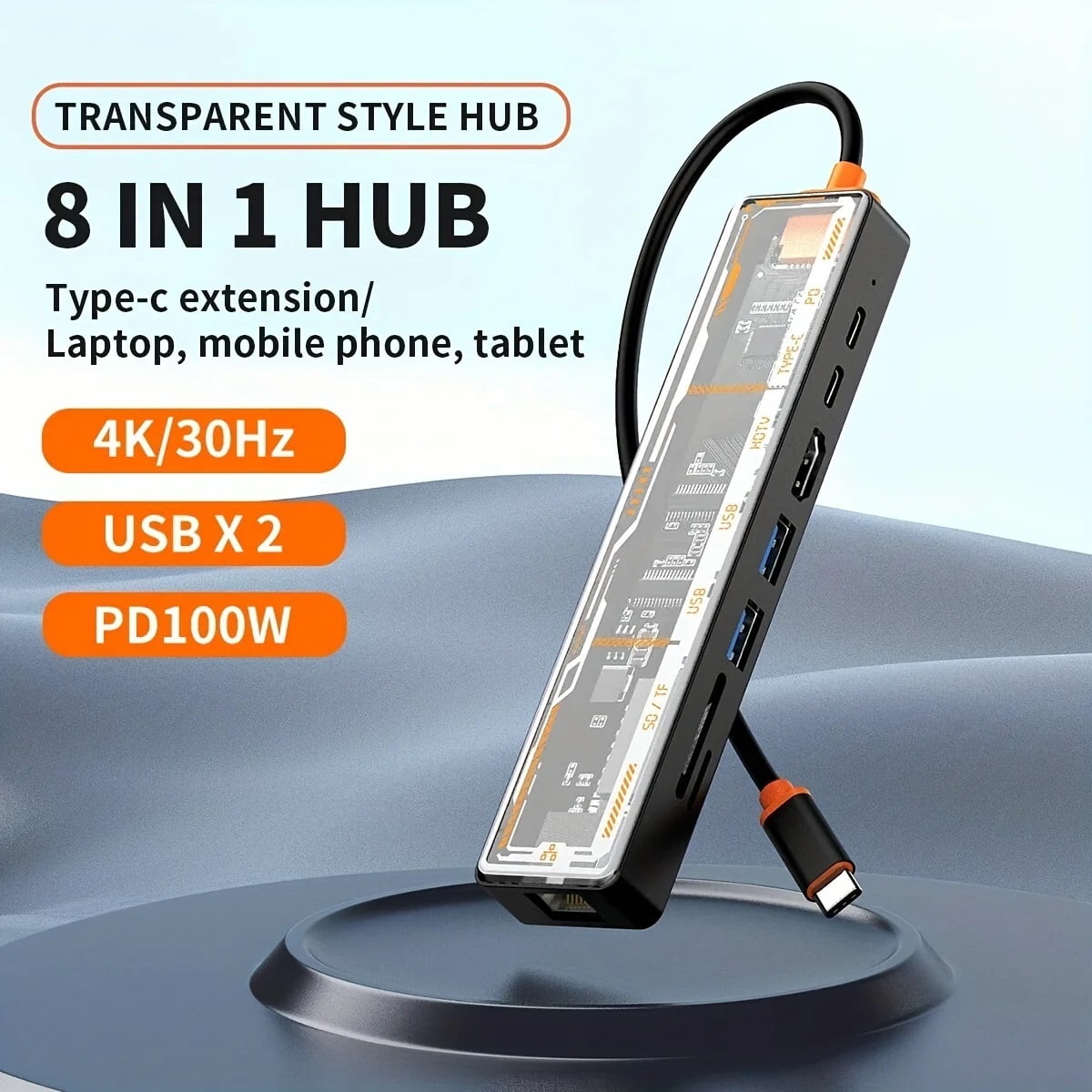 8 In1 Transparent USB-C Docking Station Adapter with HDTV, USB3.0, PD Charging, SD/TF2.0, 100M Ports ,Fast Charging Devices
