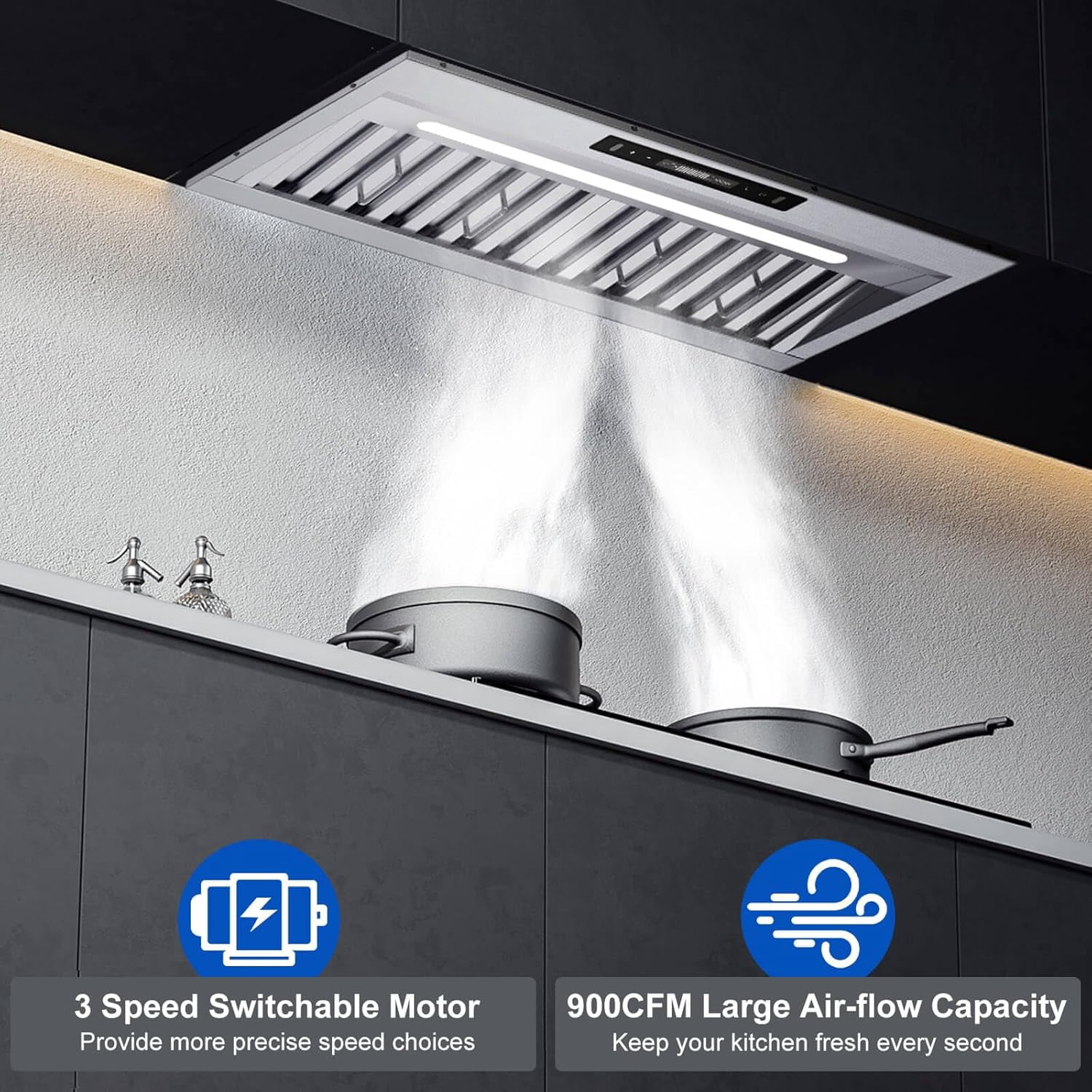 30-inch 900CFM Range Hood Insert - Stainless Steel Kitchen Exhaust Vent with Gesture/Touch Control, LED Light, Convertible Duct/Ductless (110V)‌