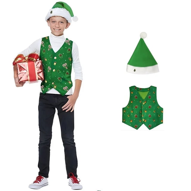 Disfraz de Navidad para niños de California, chaleco verde y rojo con sombrero