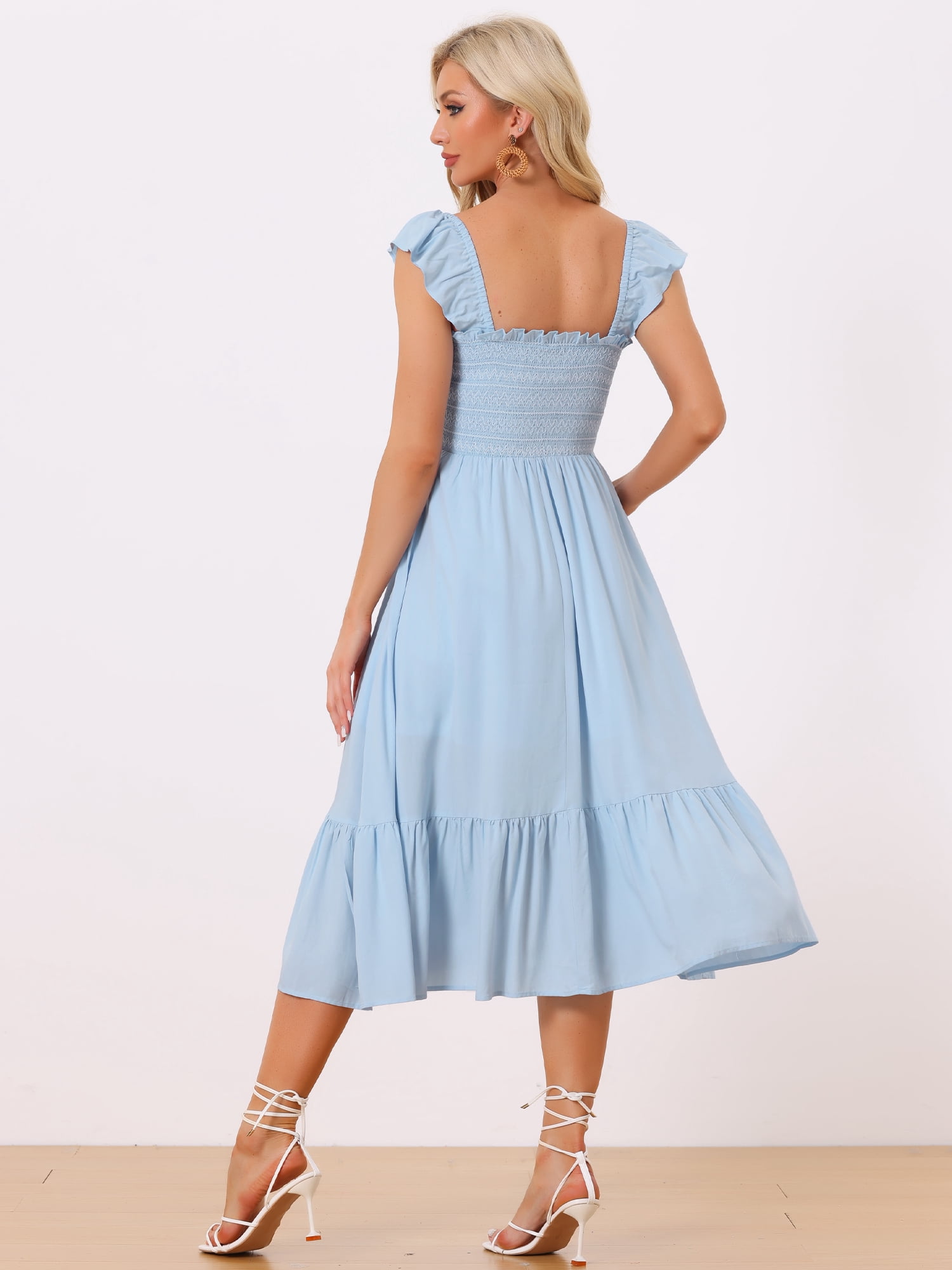 DARING DIVA Square Neck Boho Sleeveless Ruffle Tiered Smocked Sundress XL Light Blue