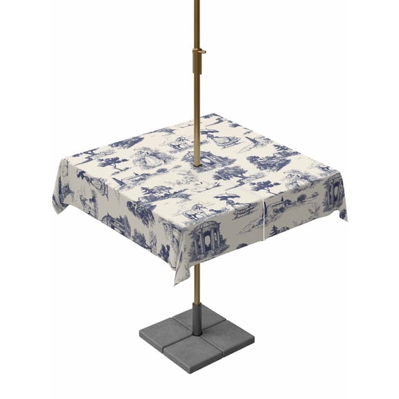 Outdoor Tablecloth with Umbrella Hole for Patio/Picnic/Party/Camping, Farmhouse Country Waterproof Table Cloth Square Cover Washable, Vintage Blue French Garden Horse Swan (60"x 60")