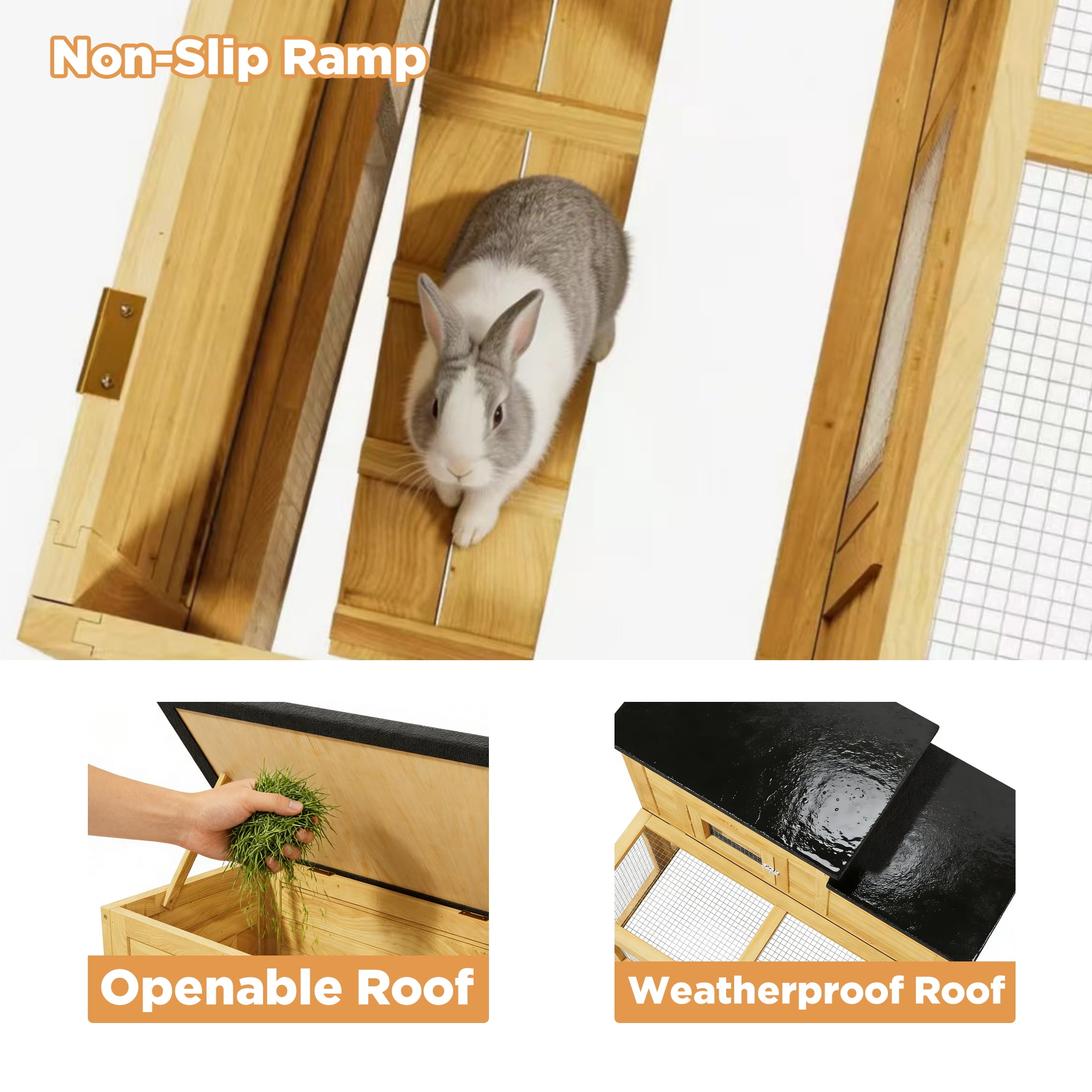 Outdoor 2 Story Wooden Rabbit Hutch with 2 Openable Asphalt Roofs, Indoor Guinea Pig Hideout with Wire Mesh and Tray,Yellow
