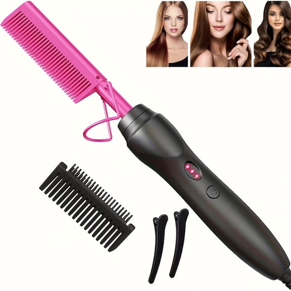 Hot Comb Hair Straightener, Portable Ceramic Curler Copper Heat Press, Curl Straight Hair Styling Brush for Hair Beard Wig, Wet and Dry Hair Styling Tools