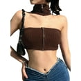 thumbnail image 2 of hirigin Women Summer Tube Tops, Solid Color Knitted High Collar Halter Neck Zipper Strapless Cropped Tops Slim Vest, 2 of 7