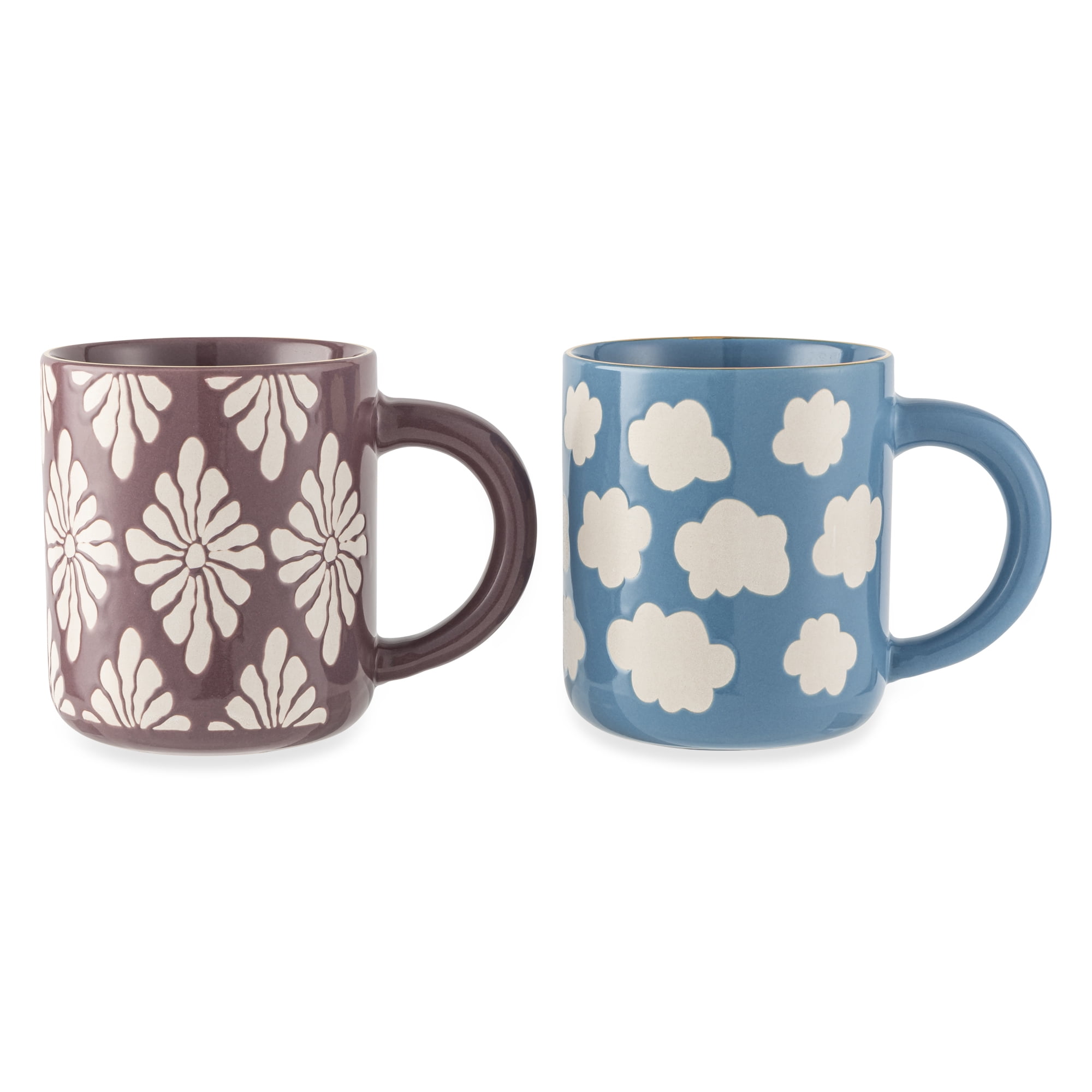 Thyme & Table 2 Pack Blue Skies with Clouds and Purple with White Flowers Mugs, with Gold Rims 19.6 fl oz, Stoneware