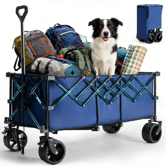 Blazezo Collapsible Wagon Cart, 440lbs Heavy Duty Foldable Utility Wagon, 48in Extended Cargo Platform, All-Terrain Wheels, Portable for Family Camping, Beach, Garden, Grocery
