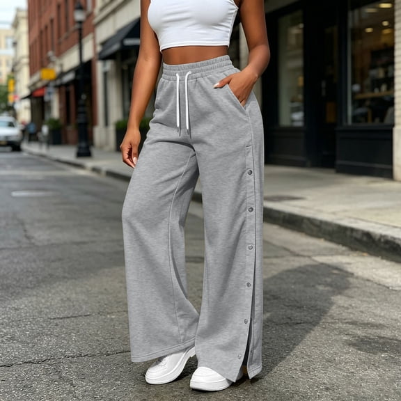 Kctiaxy Gray Sweatpants Women Drawstring Side Button Split Open Bottom Sweat Pants Casual Solid Color Loose Wide Leg Pants with Pockets XL