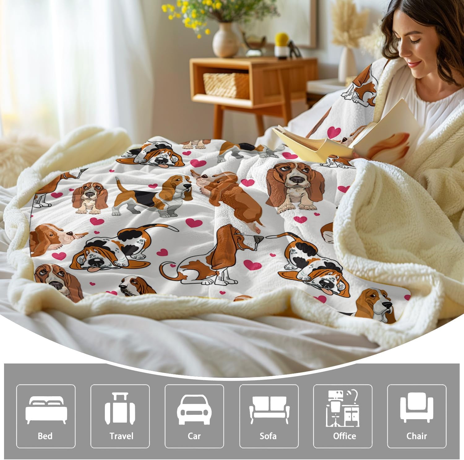 Red Hearts Dog Print Sherpa Plush Blanket Cute Puppy for Kids Adults 3D Animal Print Lightweight Blanket Bassett Hound Gifts Gift for Pet Lovers (BASSET HOUND,Twin, 60 x 80 Inches)