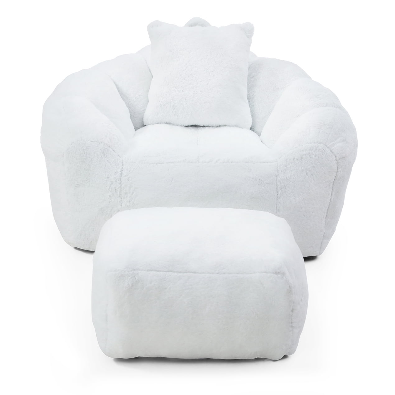 Oversized Bean Bag Chair for Adults, Chaise Lounge Chair Indoor with Ottoman and Pillow, Faux Fur Accent Chair for Bedroom, Living Room, Apartment, White